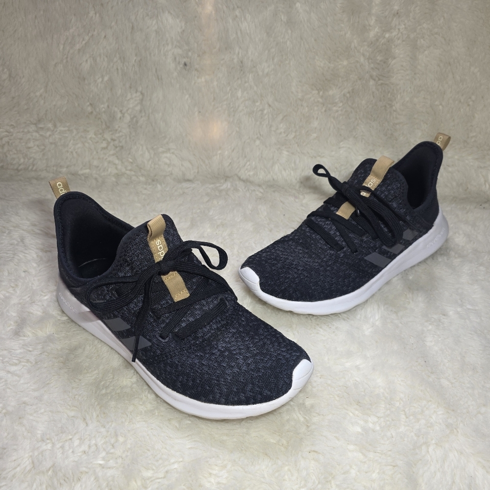 Adidas Cloudfoam Pure Black Gold Knit Running Sneakers Women's Size 8 Athleisure